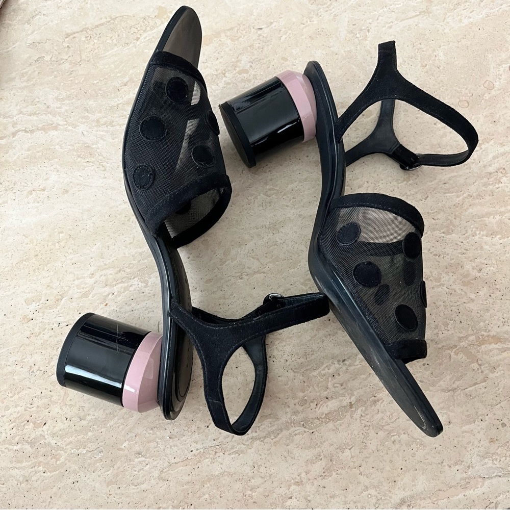Zara Black Polkadot Mesh Sandals with Colorblock Heel Size 40